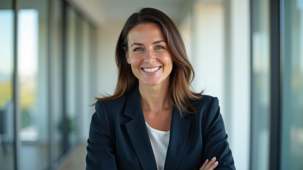 Consultora financeira, retrato profissional, escritório moderno, luz natural clara