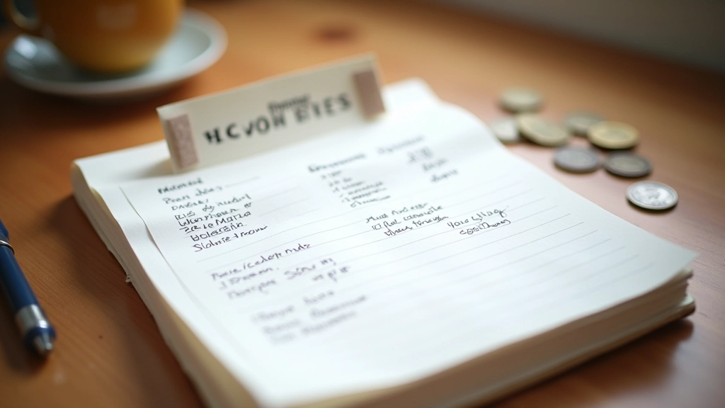 Caderno com anotações manuscritas sobre despesas mensais, moedas e caneta visíveis