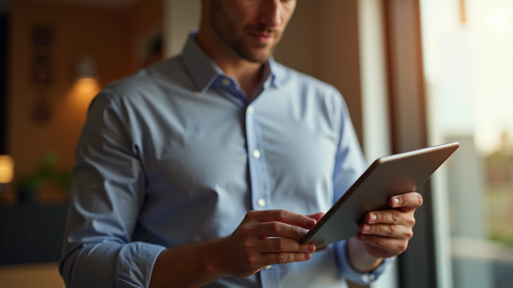 Pessoa a analisar gráficos de despesas em tablet, ambiente de escritório moderno, luz natural