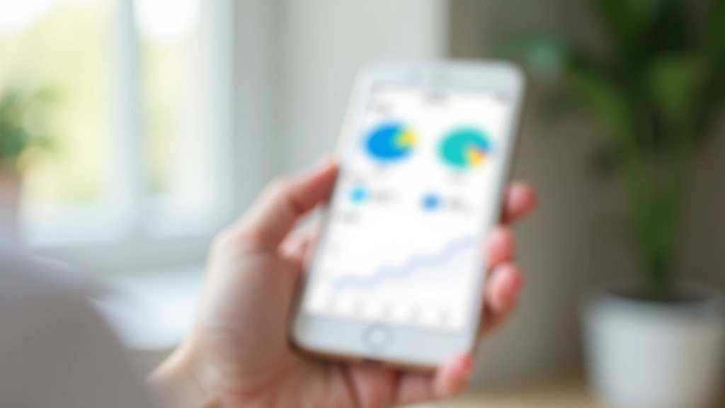 Telemóvel a mostrar aplicação de orçamento com gráficos de despesas e análise